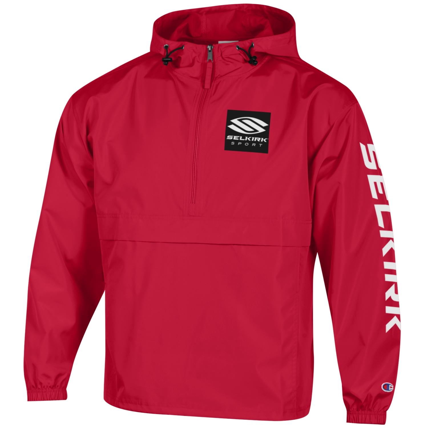 Red Selkirk Packable Jacket with Champion logo and hood
