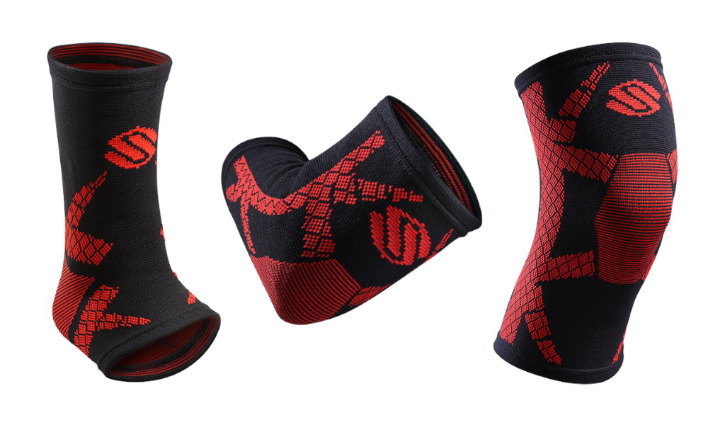 Selkirk Sport 4D Knitted Protective Supports for Pickleball, red and black design, showcasing three angles.