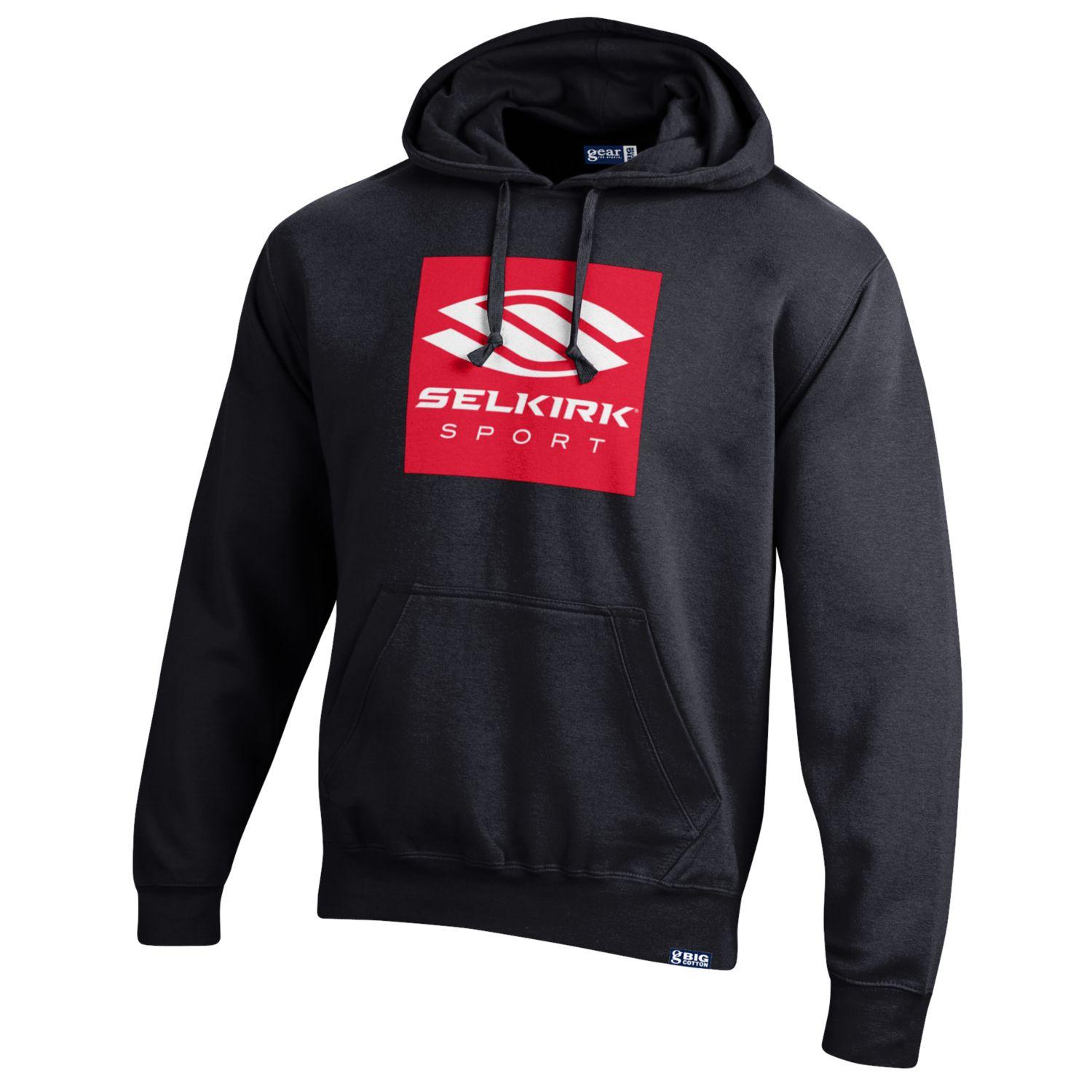 Black hoodie featuring a large red Selkirk logo on the front