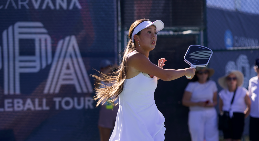 17-year-old Kiora Kunimoto hitting a forehand at the Masters