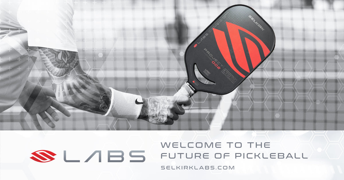A player holding a Selkirk paddle with the text 'WELCOME TO THE FUTURE OF PICKLEBALL' and 'selkirklabs.com'