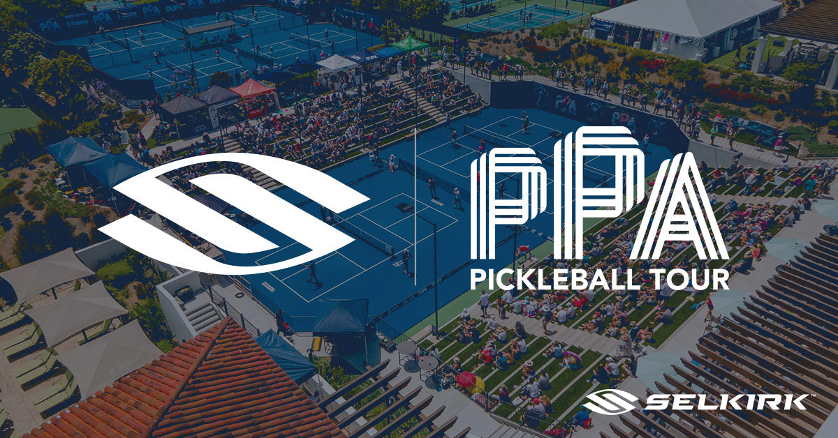 Aerial view of pickleball courts with spectators at the PPA Tour event, featuring Selkirk branding.
