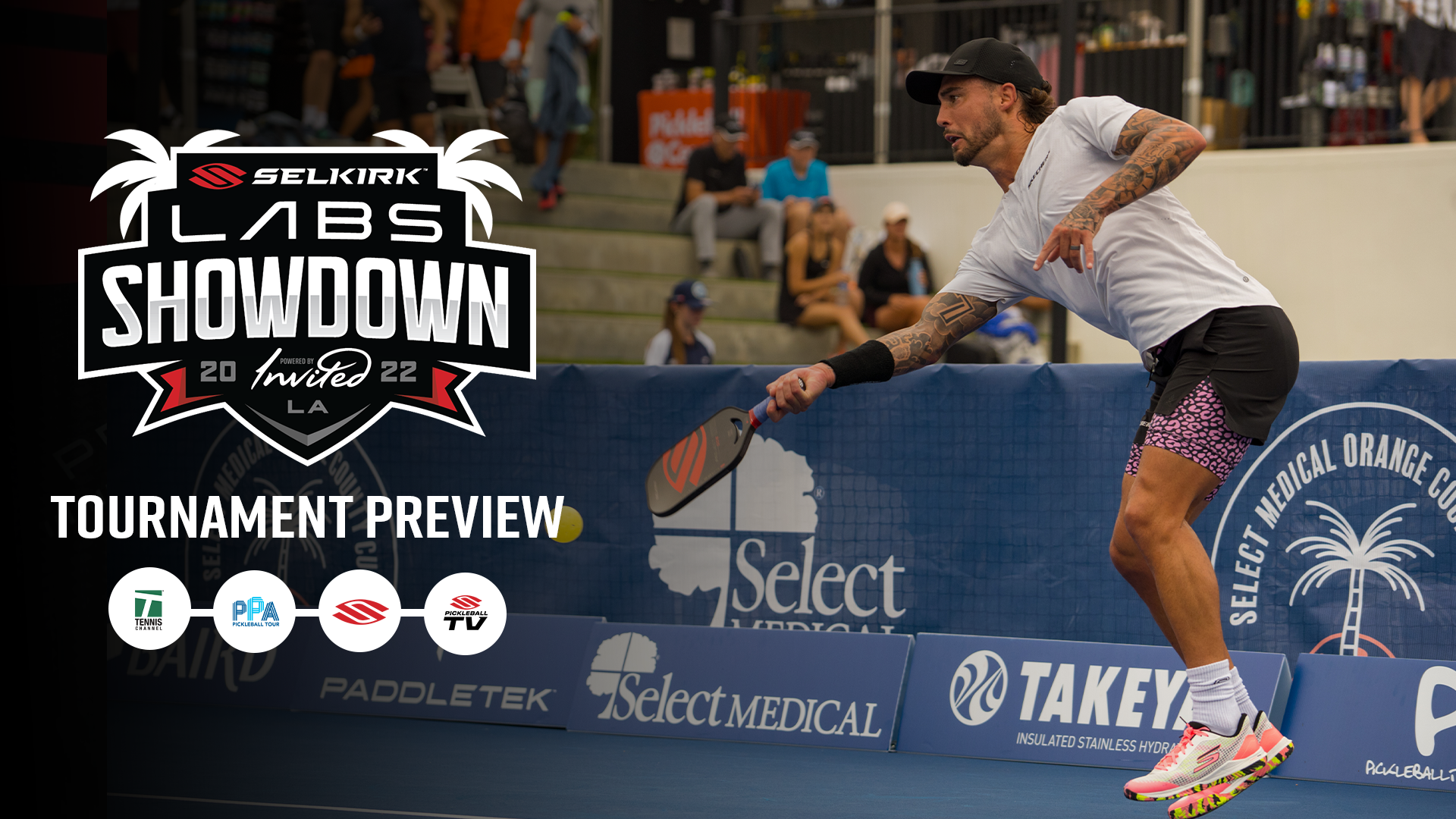 A player serving during the Selkirk Labs Showdown tournament preview, featuring tournament logos.