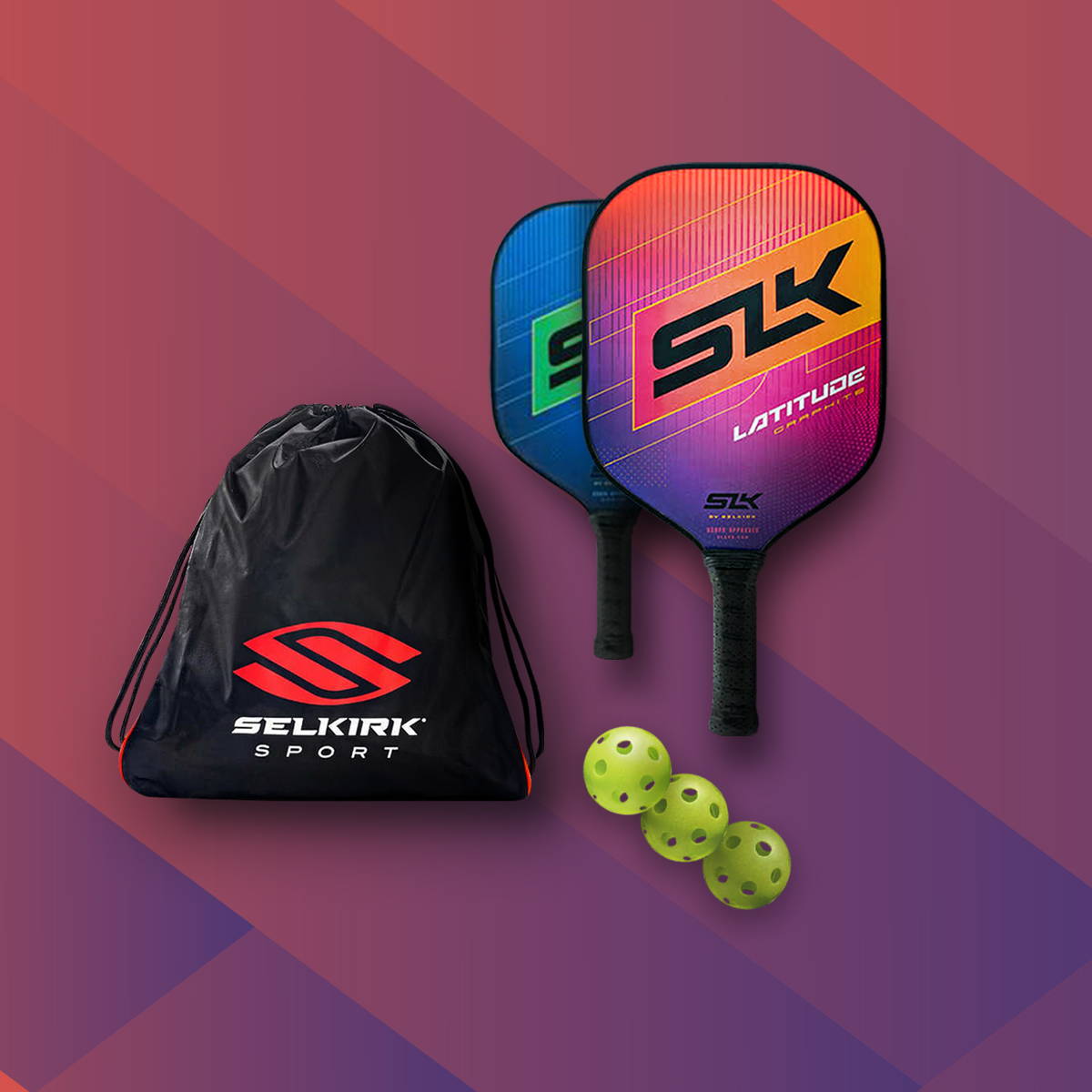 Selkirk beginner pickleball paddle set with two SLK Latitude paddles, three balls, and a bag, featuring SELKIRK SPORT logo