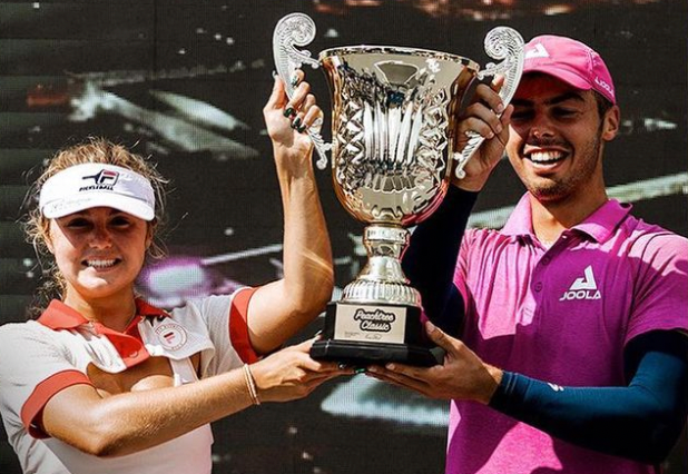 Anna Leigh Waters and Ben Johns holding the championship trophy at the PPA Peachtree Classic.