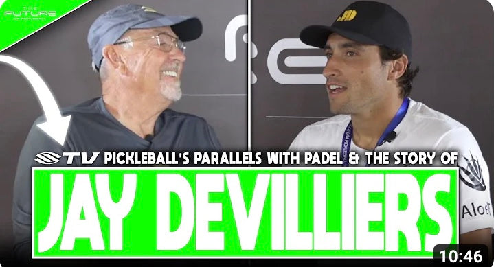 Jay Devilliers and Paul Olson discussing pickleball, with text 'JAY DEVILLIERS' prominently displayed.