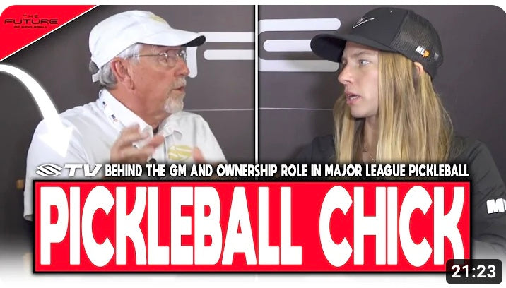 A conversation between two individuals about Major League Pickleball, featuring 'PICKLEBALL CHICK' title.