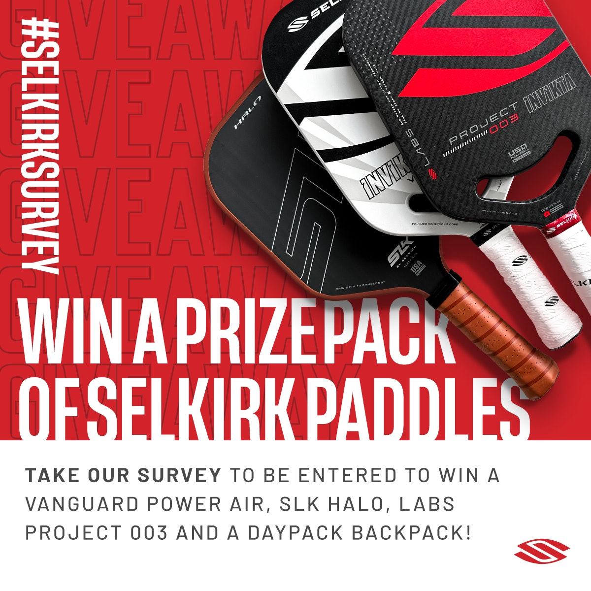 Win a prize pack of Selkirk paddles: Vanguard Power Air, SLK Halo, Labs Project 003, and a daypack backpack!