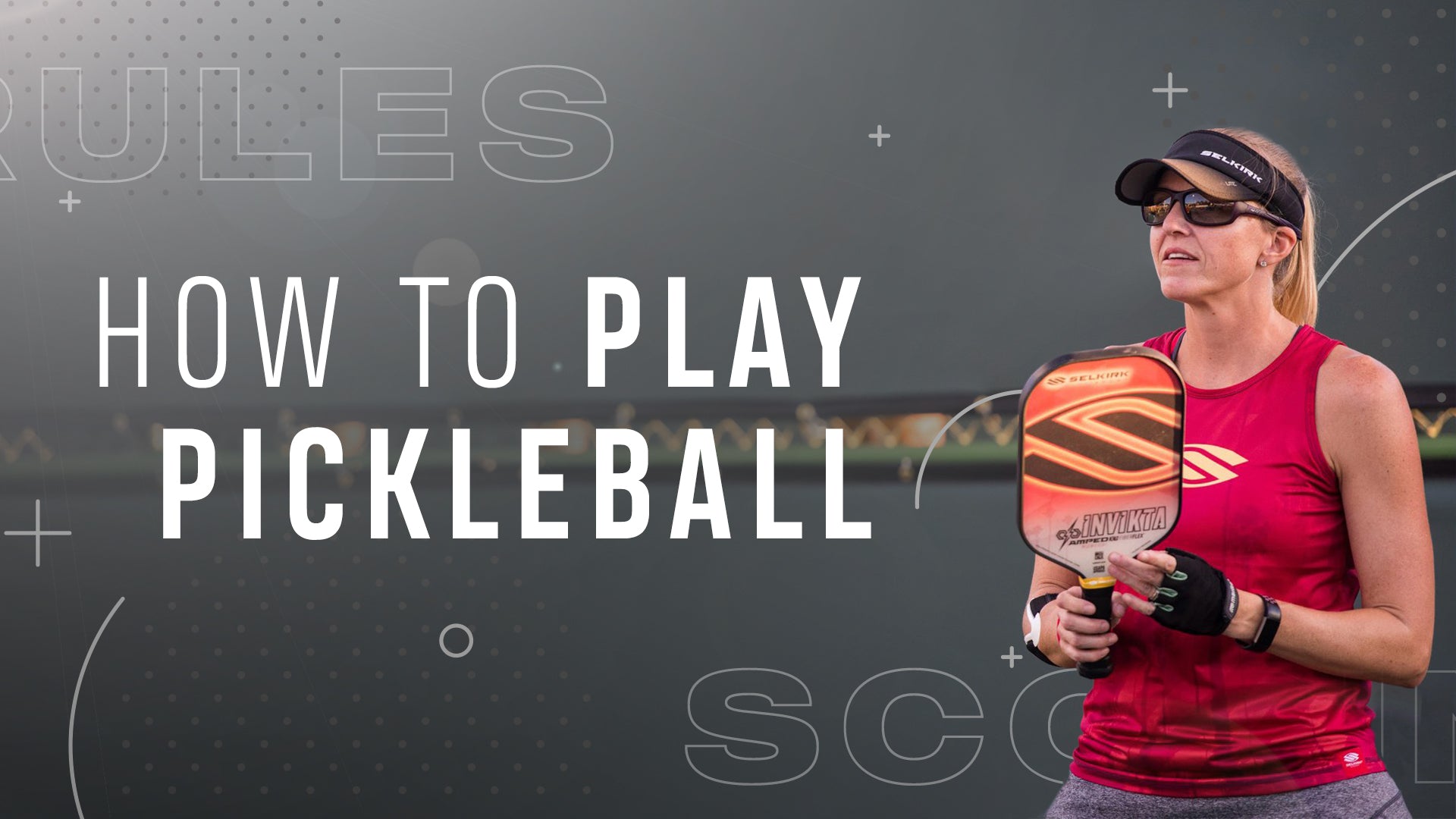 A woman in a red tank top holding a pickleball paddle, with text 'HOW TO PLAY PICKLEBALL' and 'RULES' in the background.