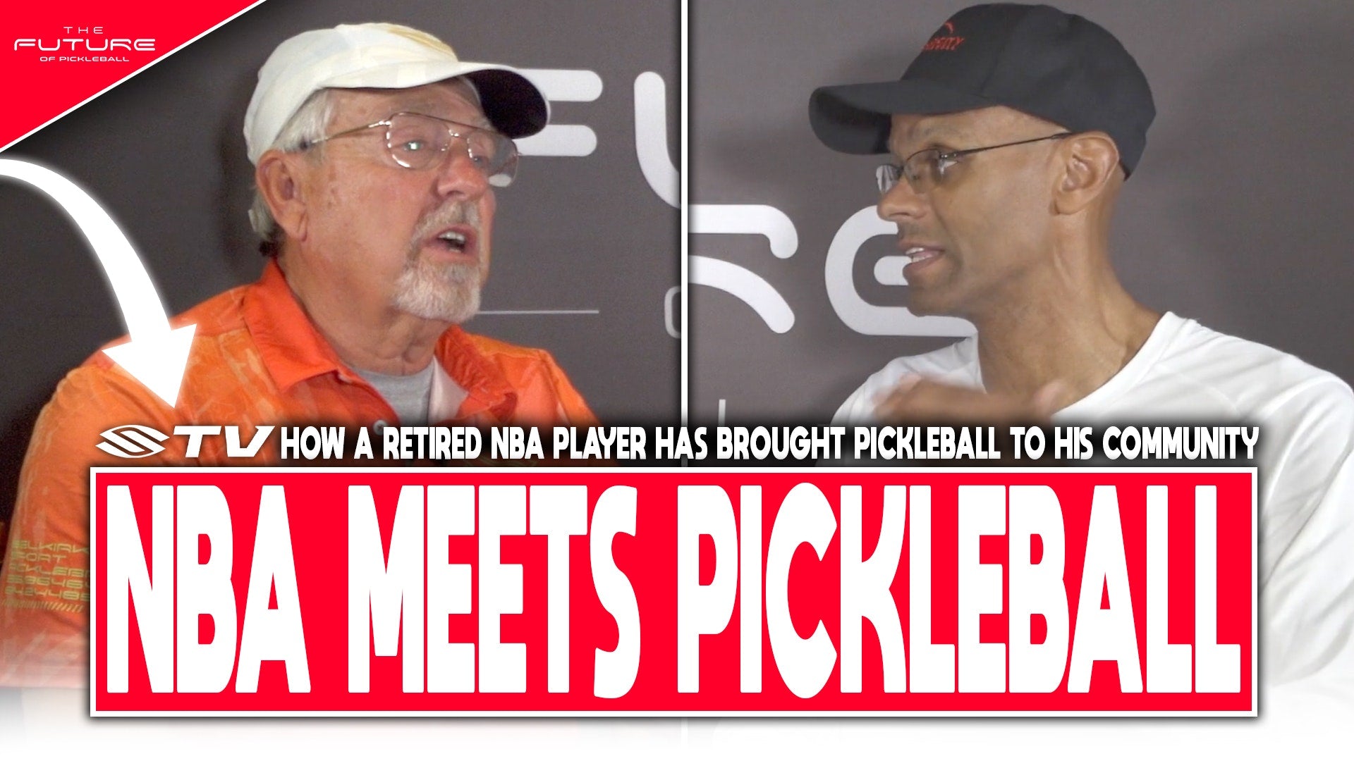 Ronnie Grandison and another person discussing pickleball, with text 'NBA MEETS PICKLEBALL' prominently displayed.