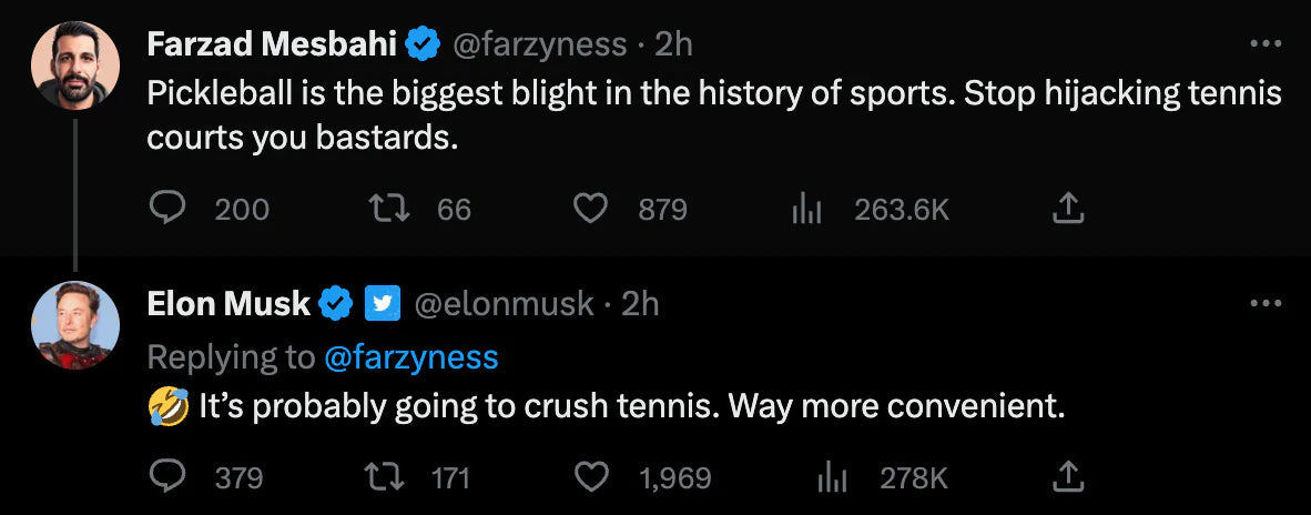 Tweet exchange discussing pickleball's impact on tennis, featuring comments from Farzad Mesbahi and Elon Musk.