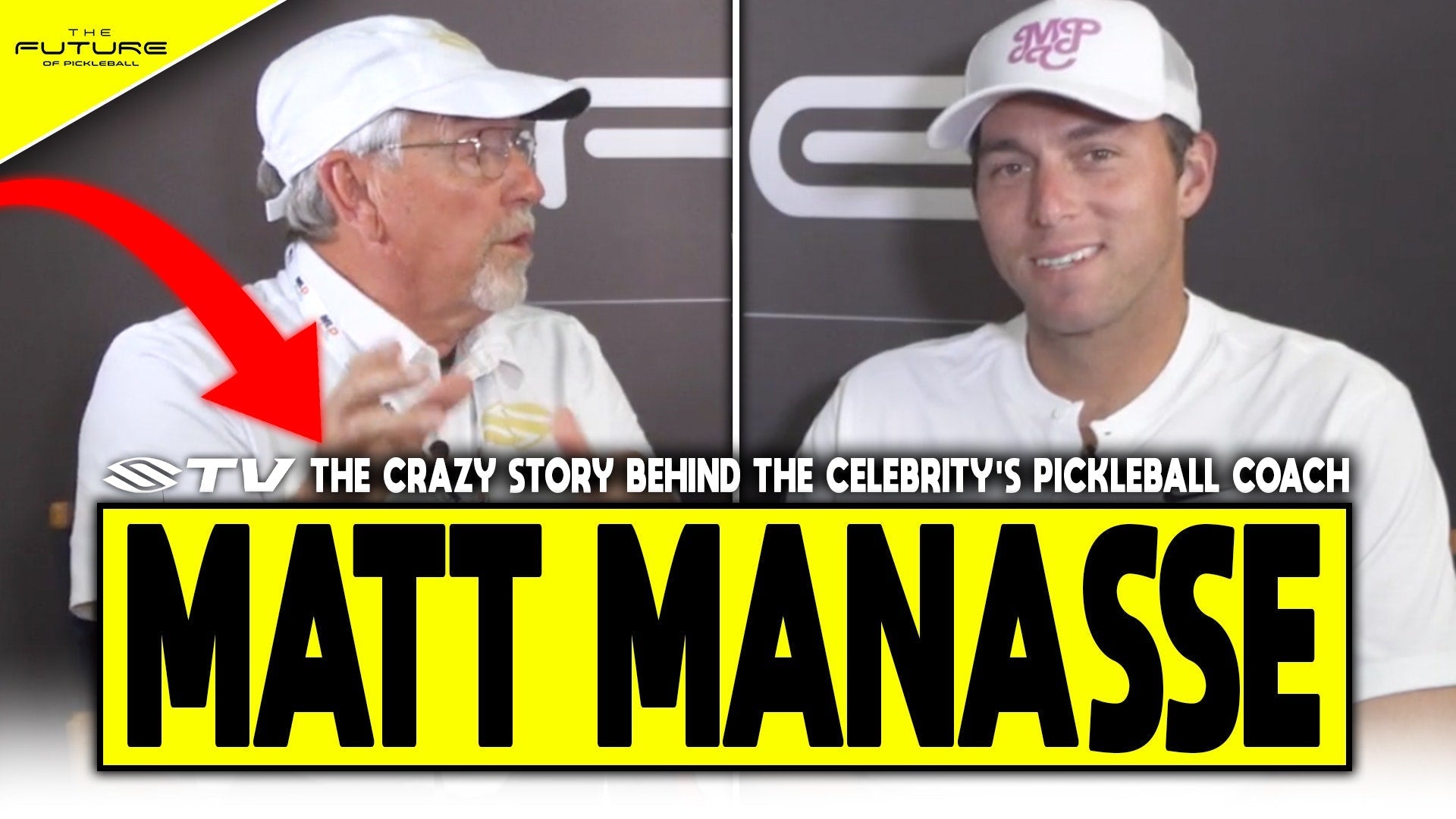 Matt Manasse discussing pickleball with a guest, featuring text: 'THE CRAZY STORY BEHIND THE CELEBRITY'S PICKLEBALL COACH' and 'MATT MANASSE'