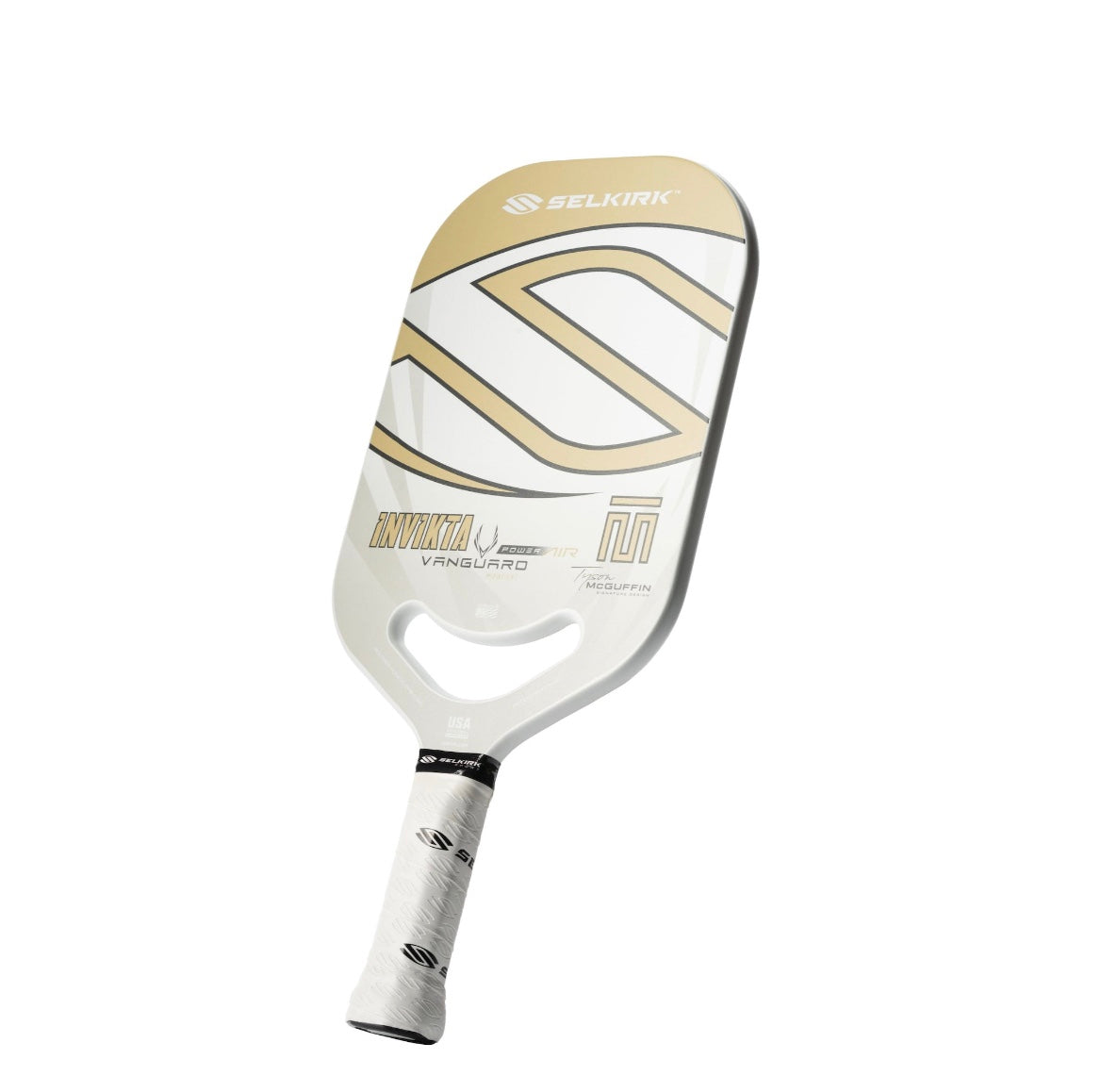 Tyson McGuffin Signature Vanguard Power Air Invikta paddle in gold and white with a unique design