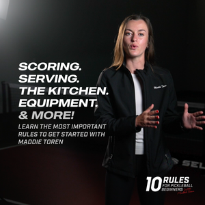 Maddie Toren explaining pickleball scoring, serving, and rules with text: 'SCORING. SERVING. THE KITCHEN. EQUIPMENT. & MORE! LEARN THE MOST IMPORTANT RULES TO GET STARTED WITH MADDIE TOREN.'