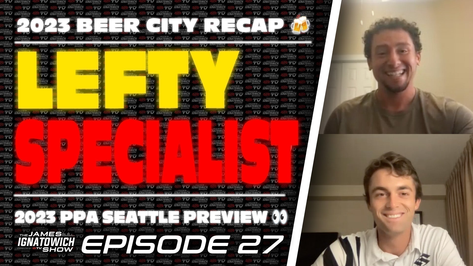 Two hosts discussing left-side specialists with text: 'LEFTY SPECIALIST' and episode details.