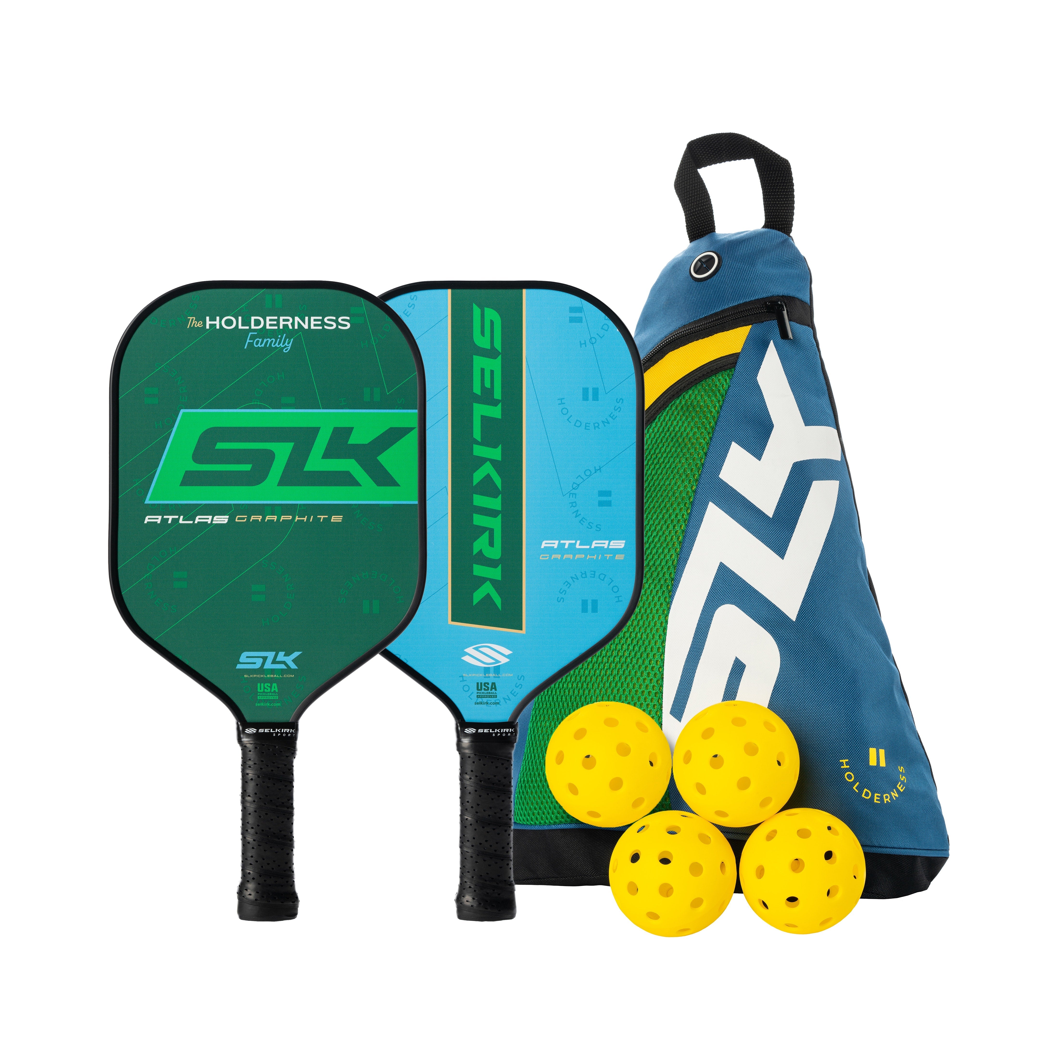 The Holderness Collection: 2 paddles, 4 yellow balls, and a sling bag