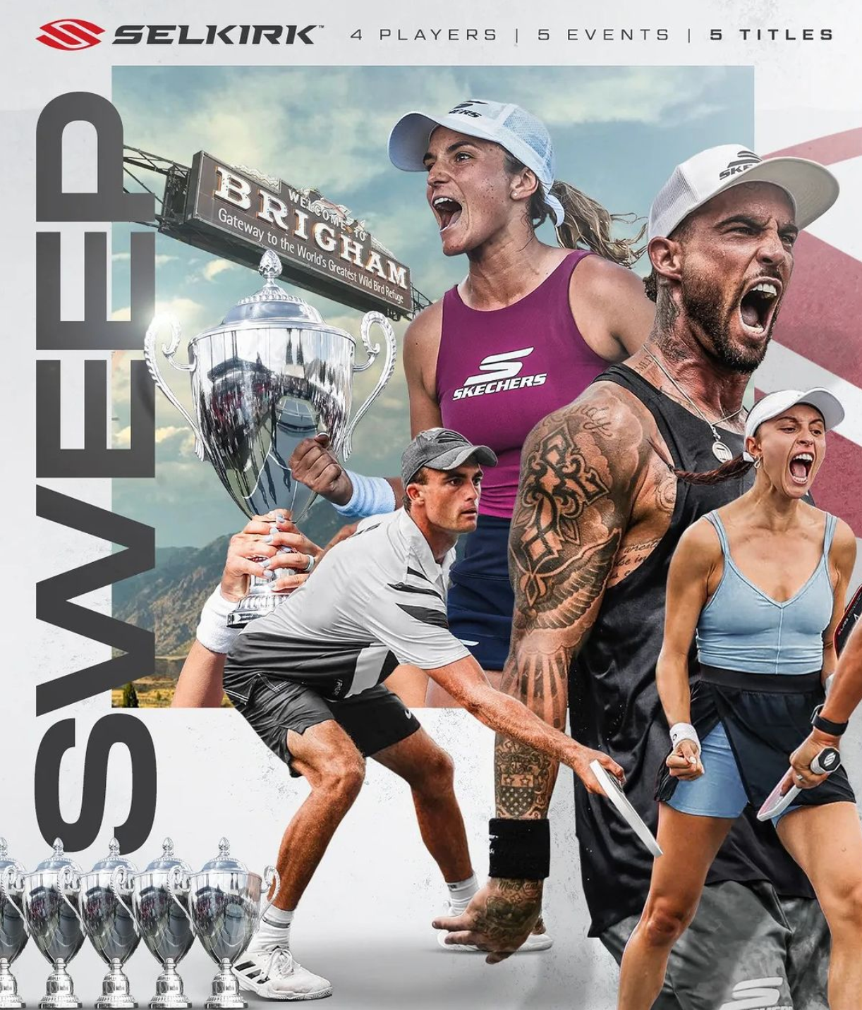 Selkirk tournament collage showing four pickleball players, five events and five titles with championship trophies
