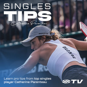 Catherine Parenteau demonstrating singles tips in pickleball, focusing on footwork and strategy.