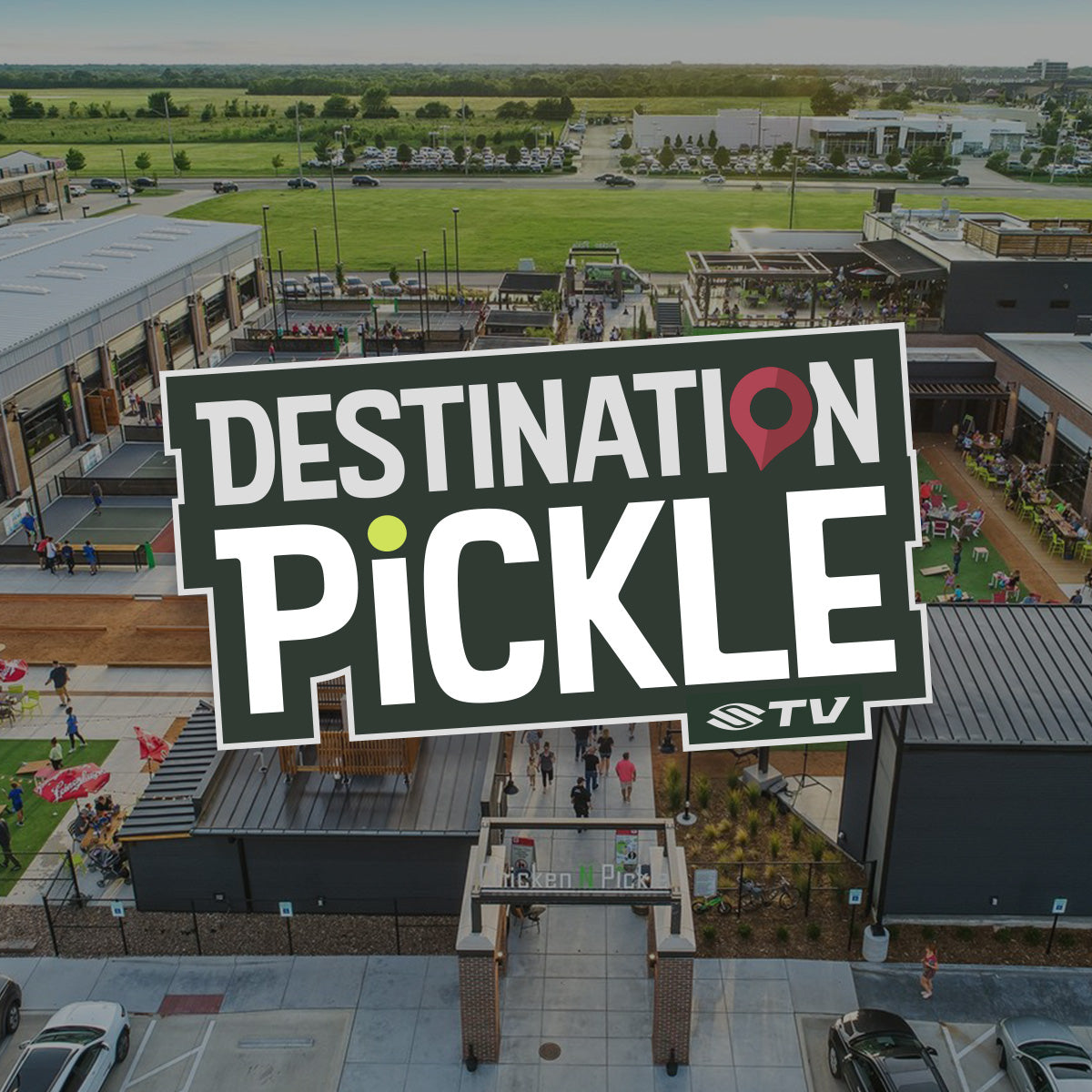 Aerial view of Pullman Yards with 'DESTINATION PICKLE' logo