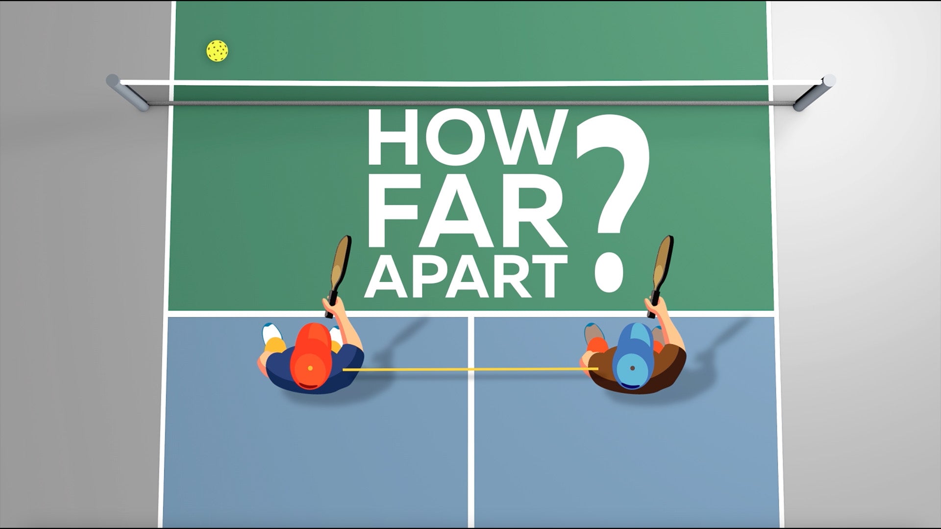 Top view of two players on a pickleball court with the text 'HOW FAR APART?' and a yellow ball above them.
