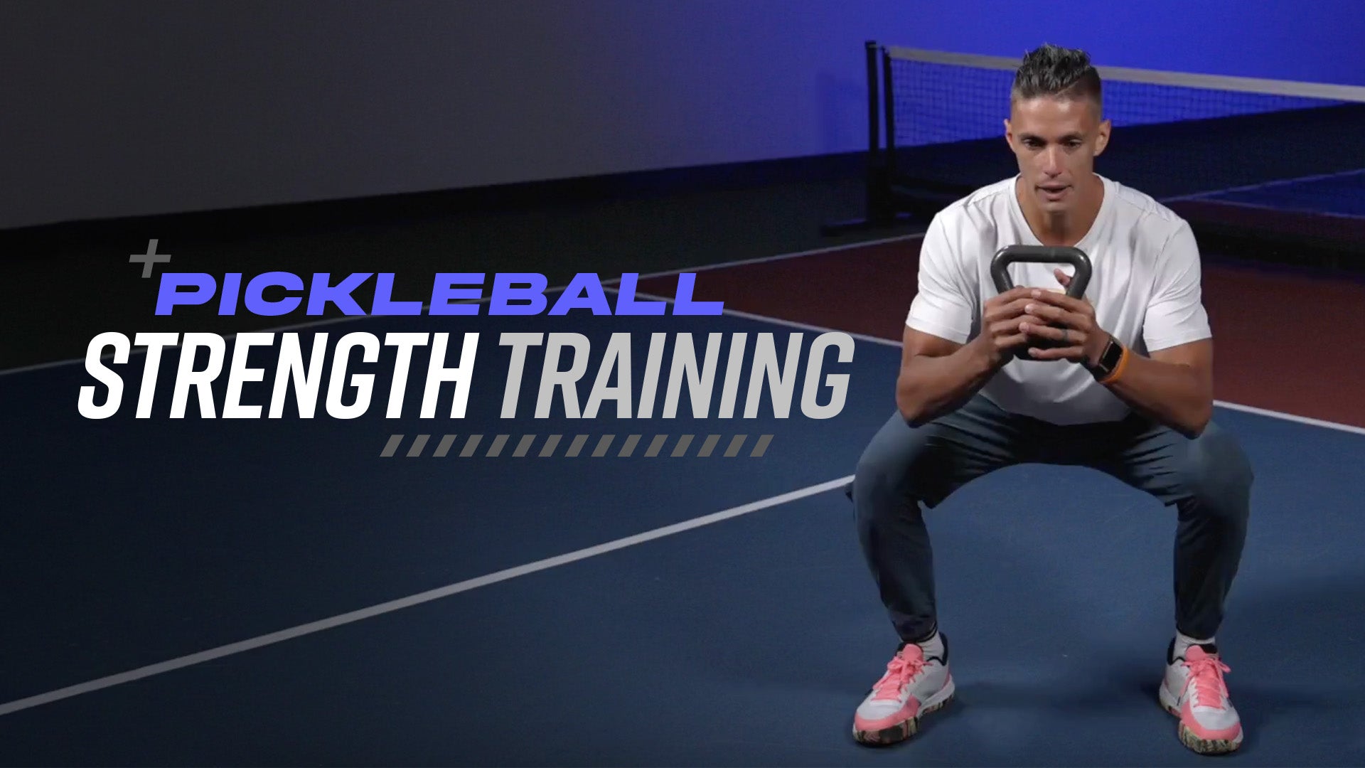 A person performing a squat with a kettlebell for pickleball strength training