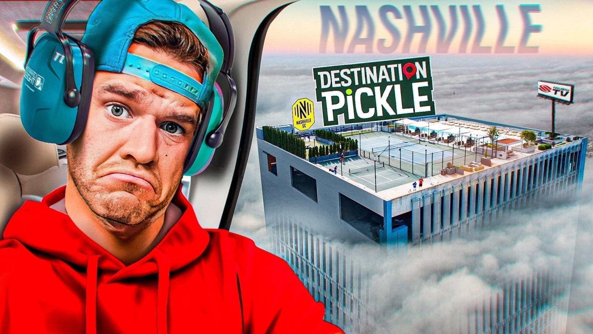 A man in a red hoodie with headphones looks at a rooftop pickleball court in Nashville.