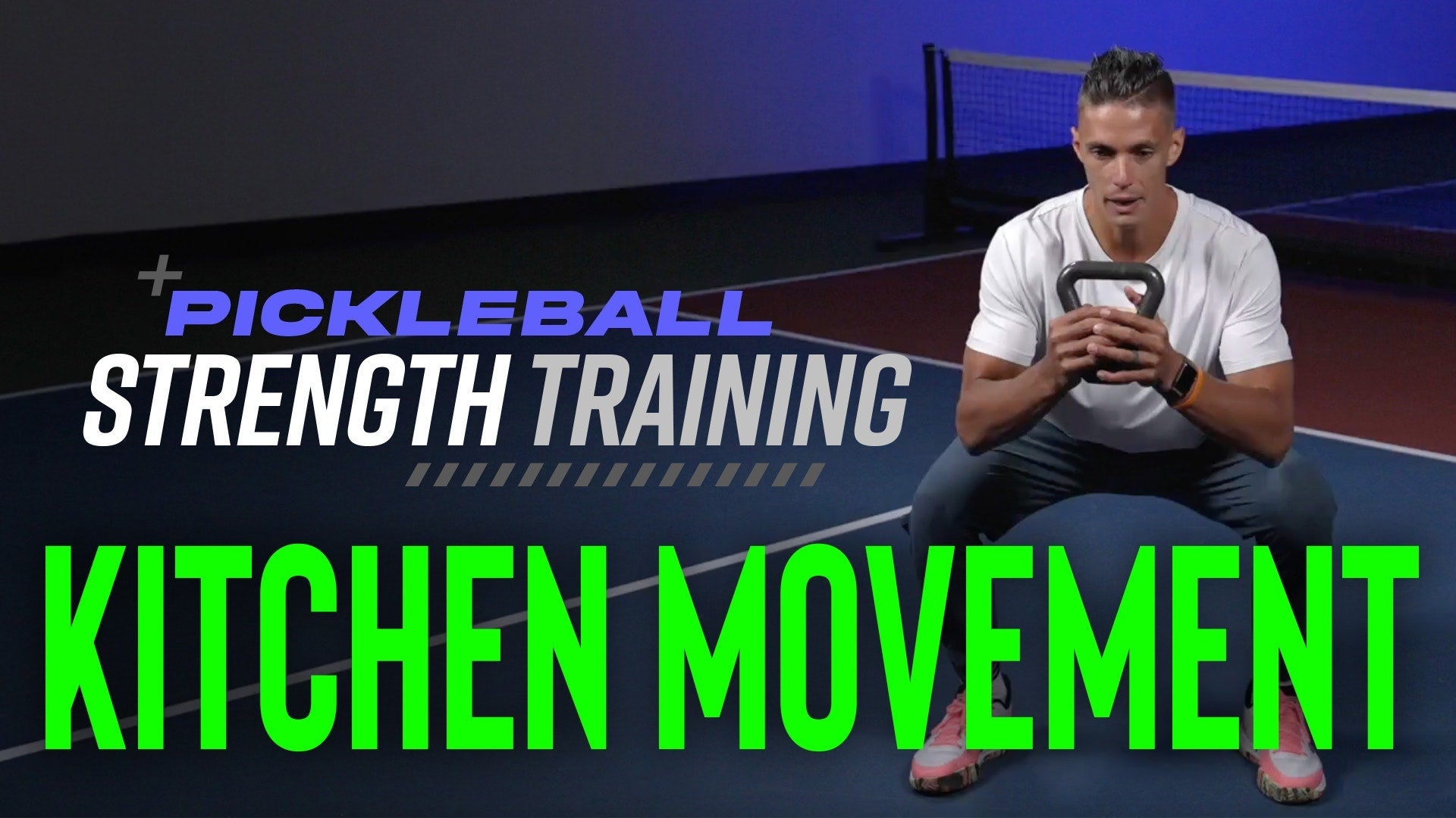 Person demonstrating kitchen movement exercise with kettlebell for pickleball training