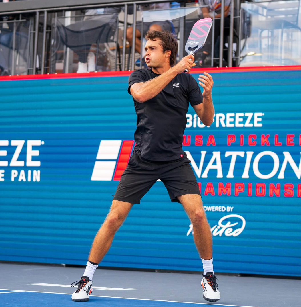 Player preparing to hit a pickleball shot at the USA Pickleball National Championships.