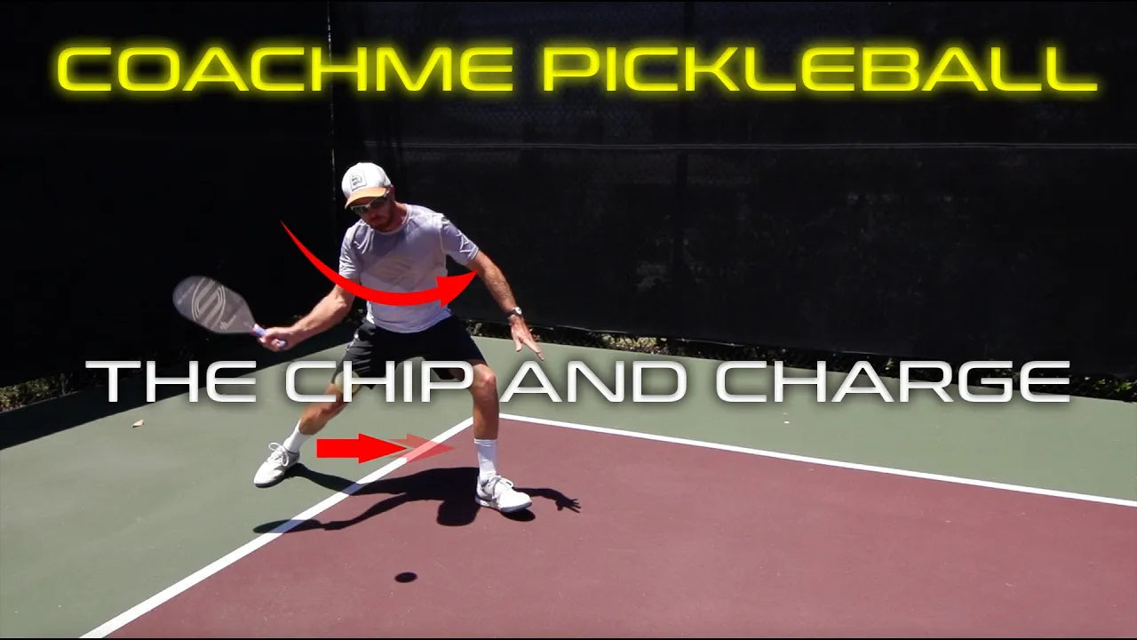 A player demonstrating the 'Chip and Charge' technique in pickleball, with arrows indicating movement.