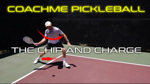 A player demonstrating the 'Chip and Charge' technique in pickleball, with arrows indicating movement.
