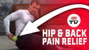 A person demonstrating hip and back pain relief techniques with a green ball, labeled 'HIP & BACK PAIN RELIEF'.