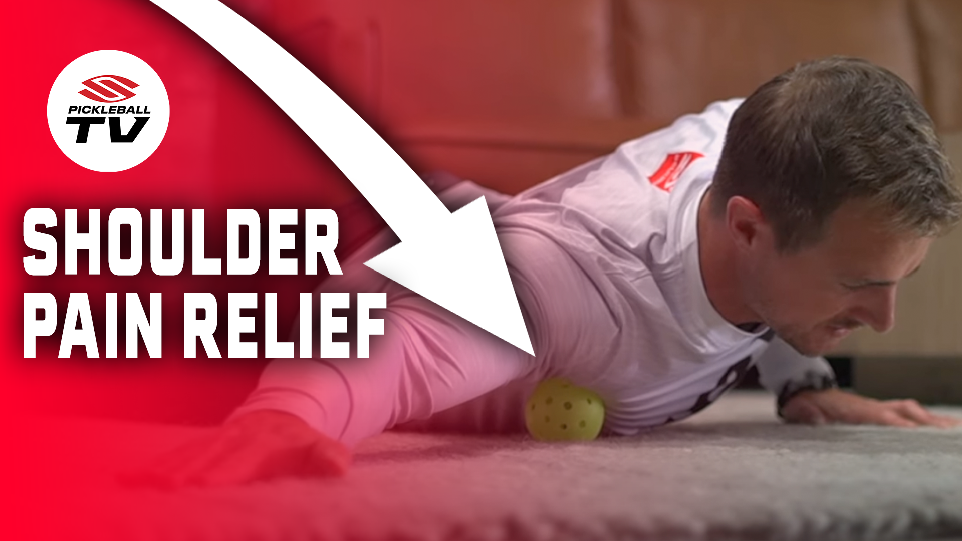 A person lying on their stomach using a pickleball to relieve shoulder pain, with text 'SHOULDER PAIN RELIEF' and an arrow pointing to the pickleball.