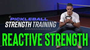 A man demonstrating reactive strength training for pickleball, holding a kettlebell with the text 'PICKLEBALL STRENGTH TRAINING' and 'REACTIVE STRENGTH' in bold.