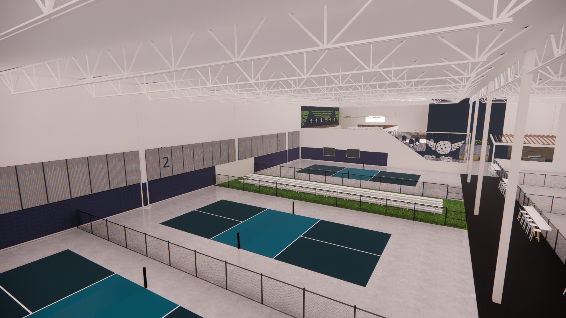 Interior view of The Flying Pickle indoor pickleball facility with multiple courts