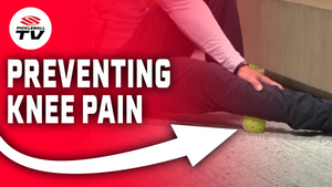 A person using a pickleball to relieve knee pain, with text 'PREVENTING KNEE PAIN' and an arrow pointing right.