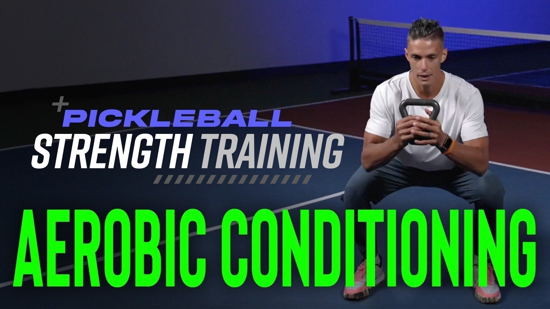 A man performing kettlebell swings for aerobic conditioning on a pickleball court