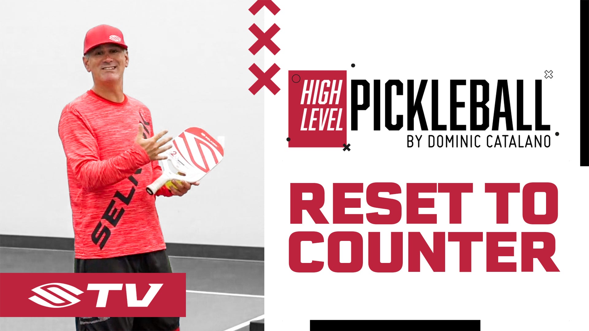 A player demonstrating a pickleball reset to counter attack, with text 'RESET TO COUNTER' and 'HIGH LEVEL PICKLEBALL'