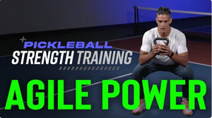 A person performing a squat with a kettlebell, text reads 'Pickleball Strength Training Agile Power'