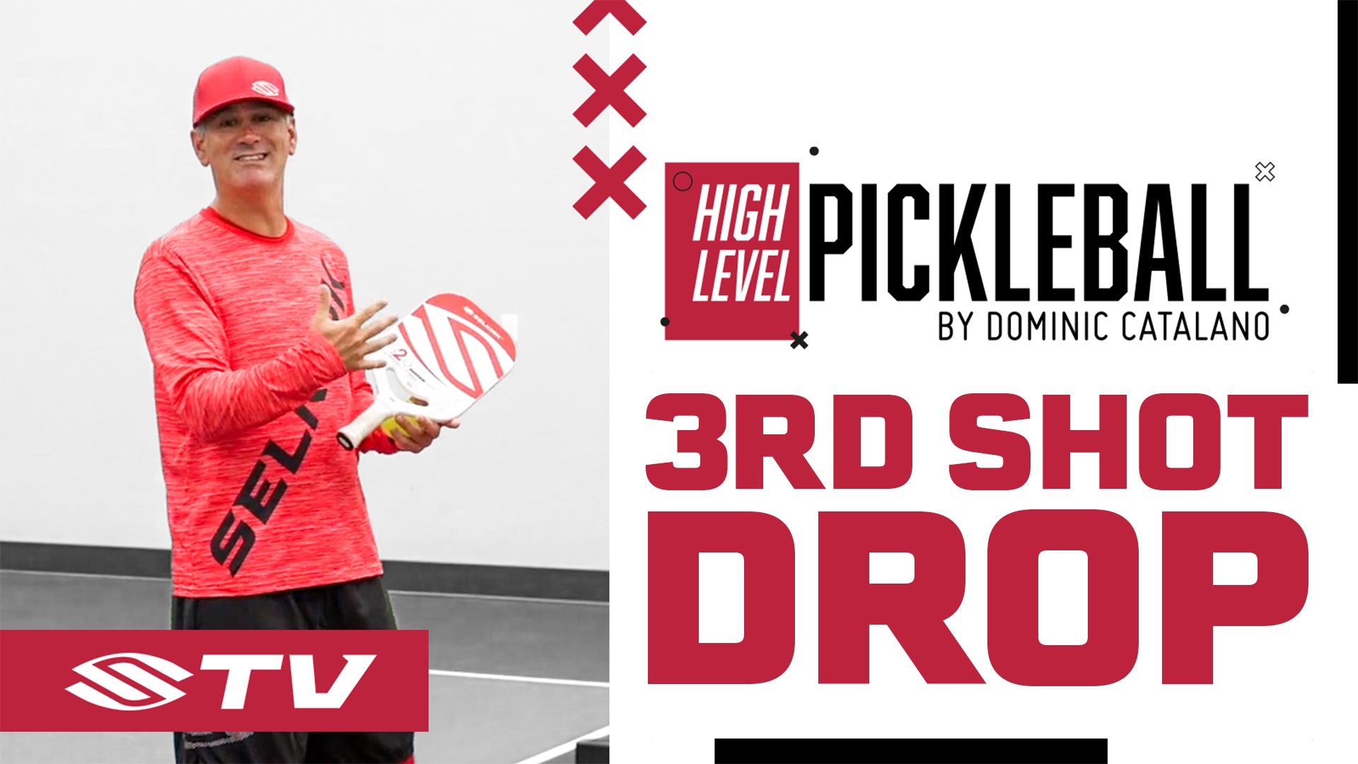 A player demonstrating a third shot drop in pickleball, with text '3rd Shot Drop' and 'High Level Pickleball'