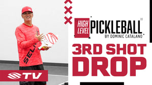 A player demonstrating a third shot drop in pickleball, with text '3rd Shot Drop' and 'High Level Pickleball'
