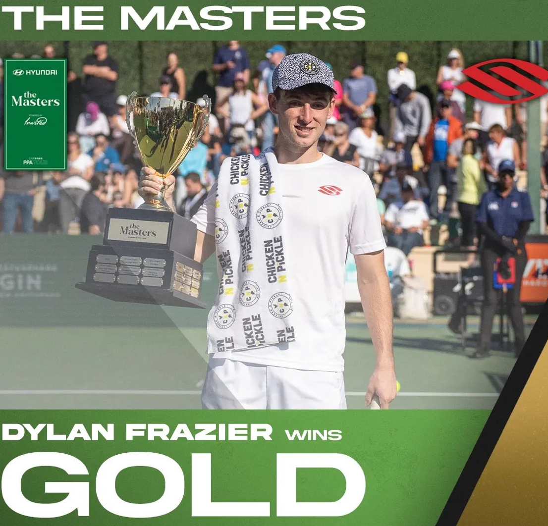 Pickleball player Dylan Frazier holding a Masters trophy on court with crowd behind him, overlaid headline Dylan Frazier wins GOLD