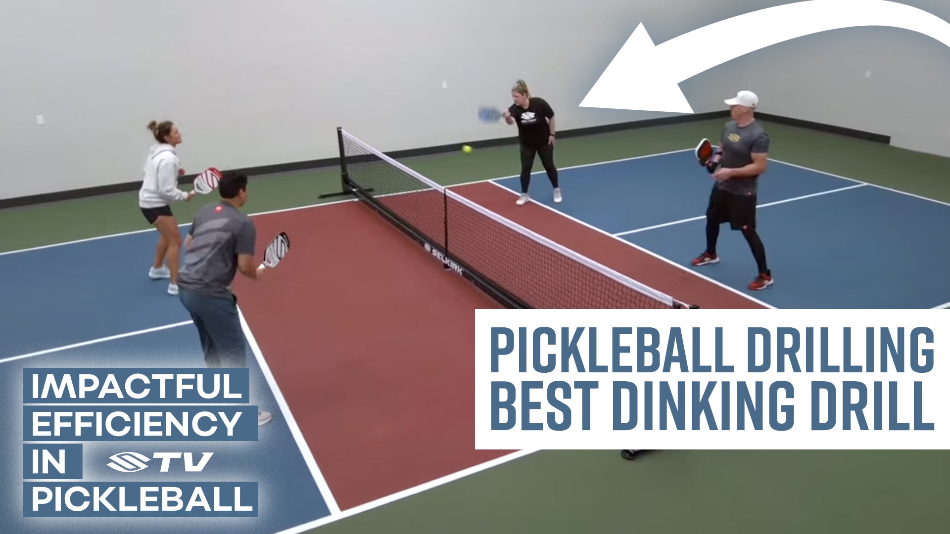 Four players practicing a pickleball dinking drill on a court, with text overlay about best dinking drill.