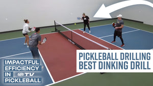 Four players practicing a pickleball dinking drill on a court, with text overlay about best dinking drill.