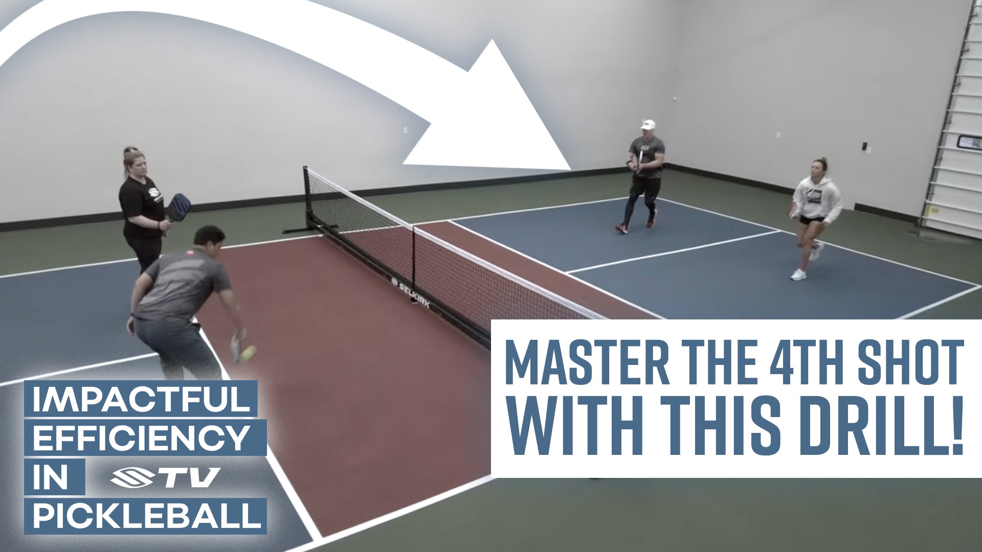 A pickleball drill demonstrating players practicing the fourth shot, with text 'MASTER THE 4TH SHOT WITH THIS DRILL!'