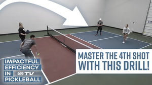 A pickleball drill demonstrating players practicing the fourth shot, with text 'MASTER THE 4TH SHOT WITH THIS DRILL!'