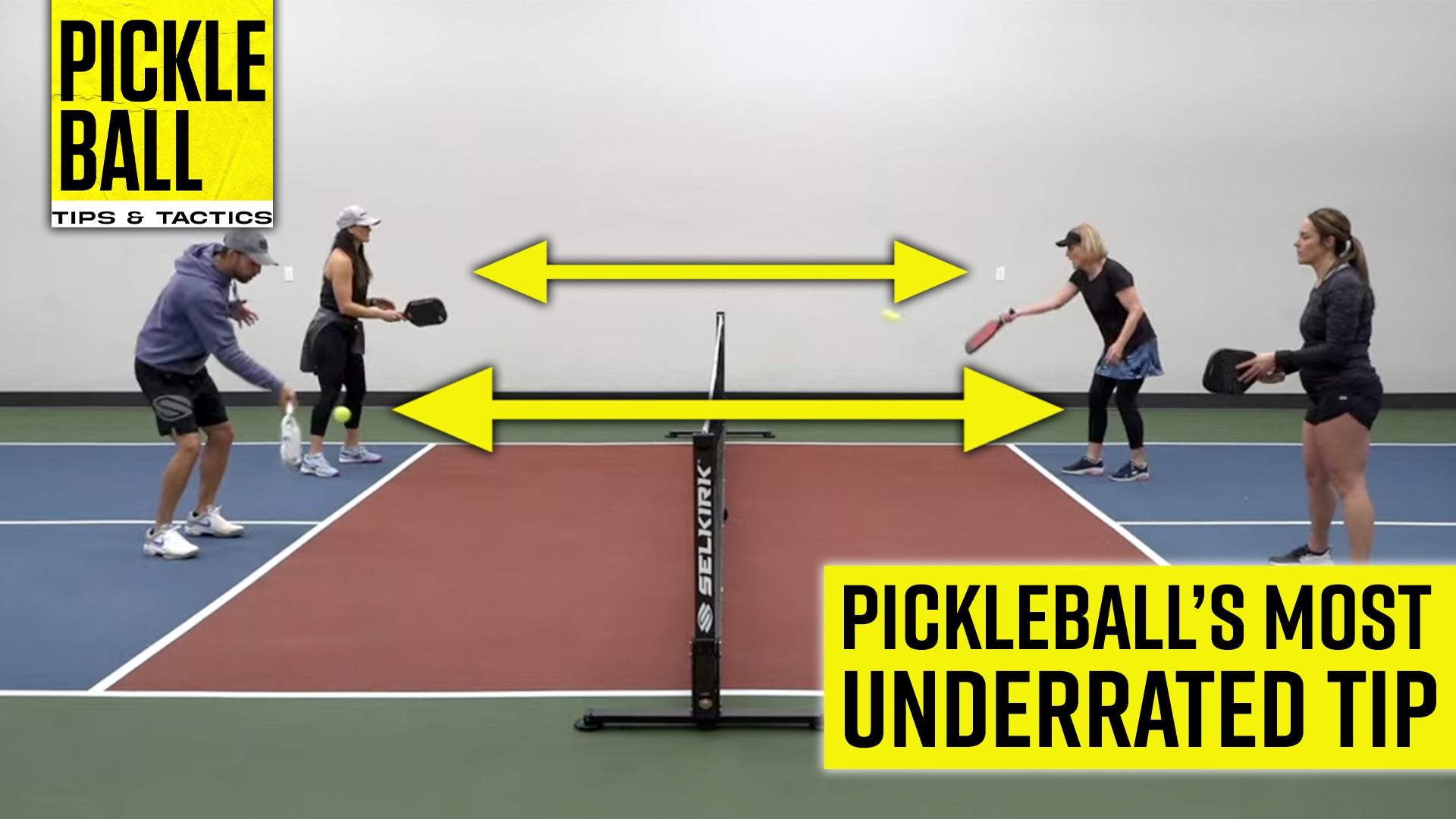 Two players practicing pickleball with arrows indicating movement, emphasizing breathing techniques.