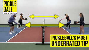 Two players practicing pickleball with arrows indicating movement, emphasizing breathing techniques.