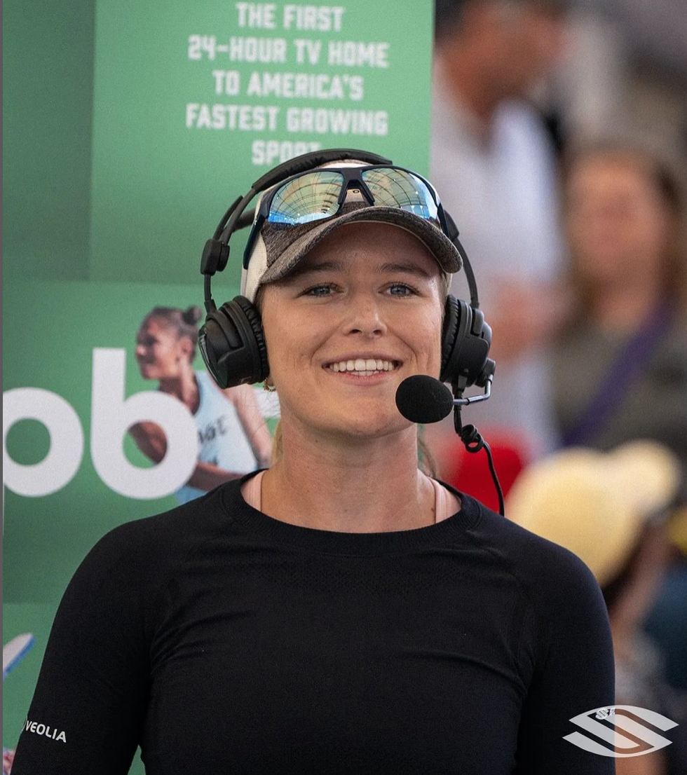 Pickleball player wearing a headset at an event with text reading First 24 hour TV home to Americas fastest growing sport
