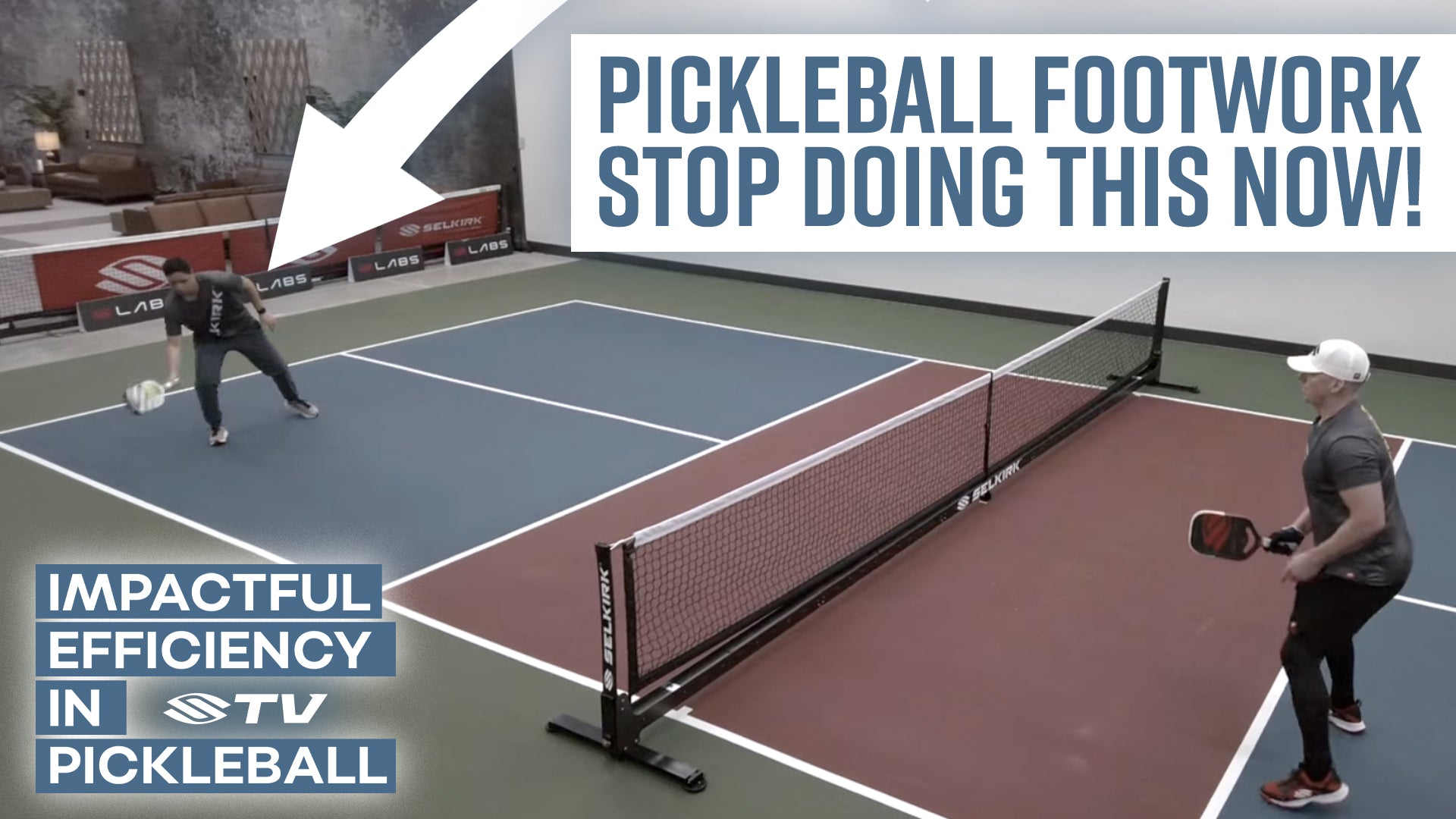A player demonstrating pickleball footwork with a split step, while another player stands at the kitchen line.