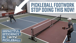 A player demonstrating pickleball footwork with a split step, while another player stands at the kitchen line.